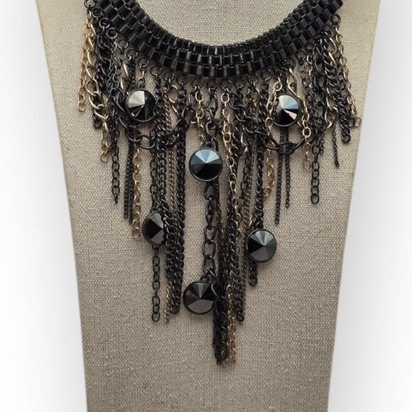 Black Faceted Bead Chain Fringe Statement Necklace - Picture 4 of 6